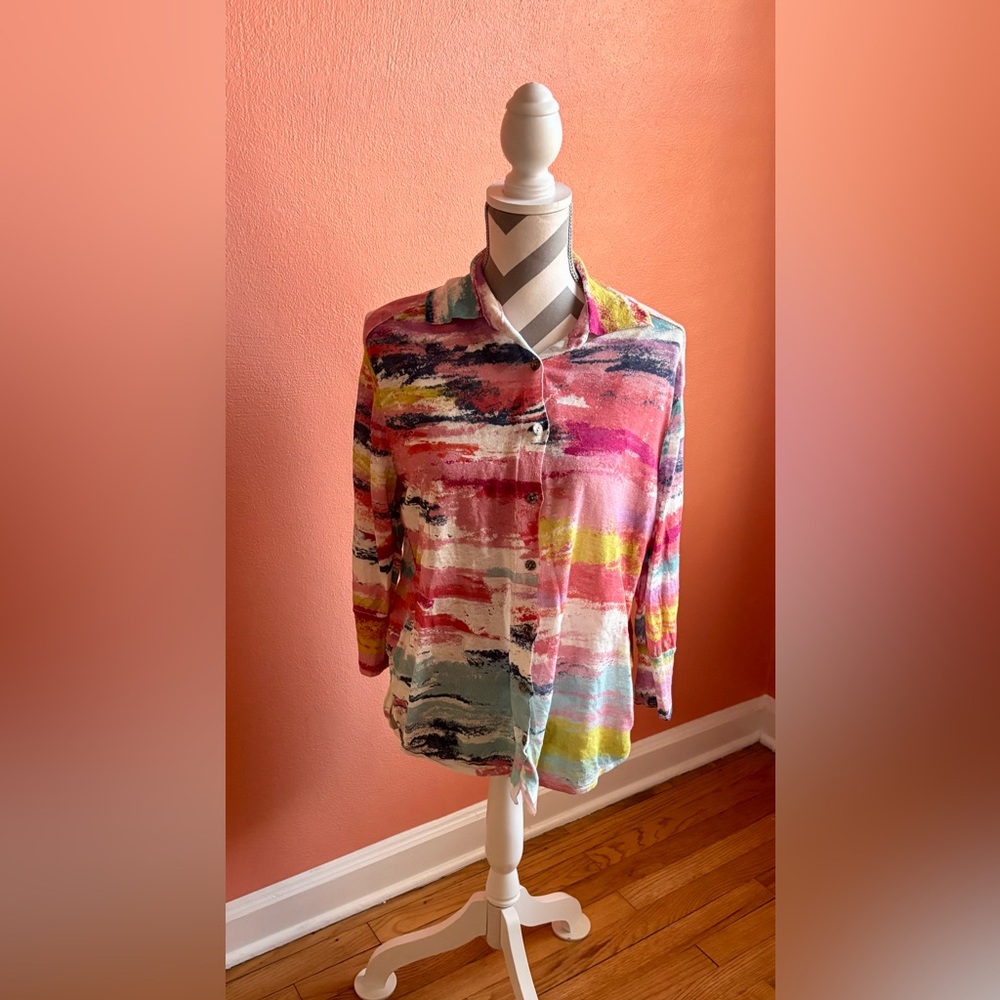 IVKO Multicolor Brushstroke Button-Down Shirt in Pink, Yellow & Blue